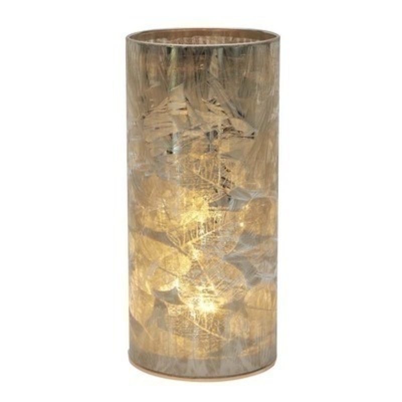 Gold Frosted Leaves LED Cylinder Light. Would look lovely in any home. Would make a perfect gift for yourself or as a treat to someone else.  Made by Transomnia.